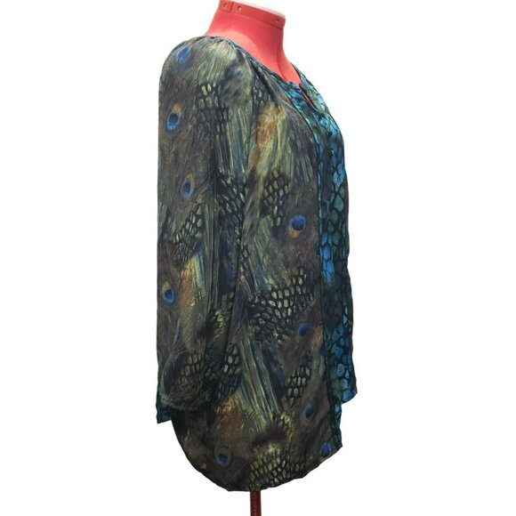 New Directions Woman Tunic Top 3X Peacock Feather Print 100% Polyester Flowing - Picture 5 of 7